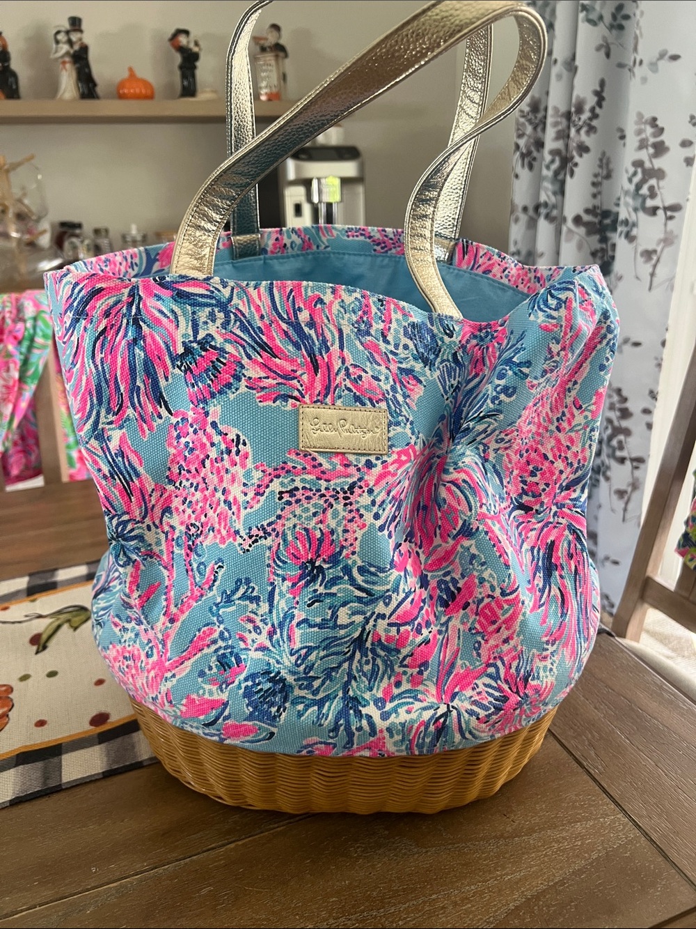 Lilly Pulitzer Pink and Blue Coastal Print Tote with Gold Handles